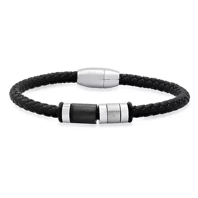 Men's black braided leather, black rubber and two tone black ip and stainless steel charm bracelet