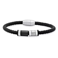 Men's black braided leather, black rubber and two tone black ip and stainless steel charm bracelet