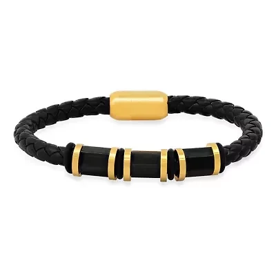 Men's black braided leather, 18k gold plated beads and black simulated onyx bracelet