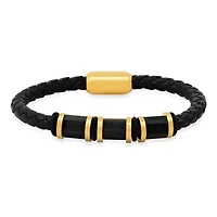Men's black braided leather, 18k gold plated beads and black simulated onyx bracelet