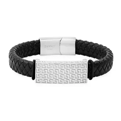 Men's black braided leather and stainless steel id bracelet with greek key accents