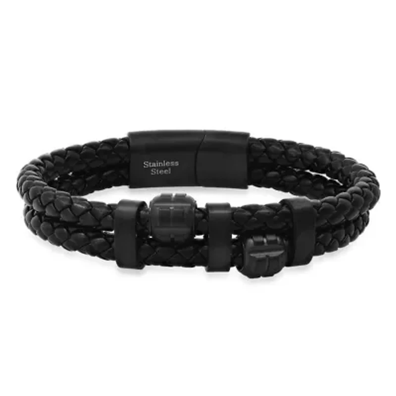 Men's two layered black braided leather and black ip stainless steel beads bracelet