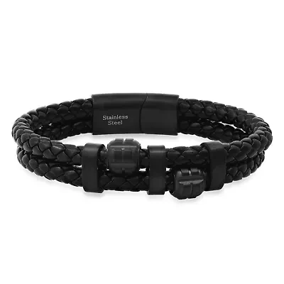 Men's two layered black braided leather and black ip stainless steel beads bracelet