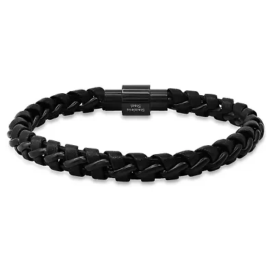 Men's black leather and black ip stainless steel braided bracelet