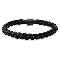Men's black leather and black ip stainless steel braided bracelet