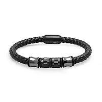 Men's black braiced leather and black Ip stainless steel bracelet
