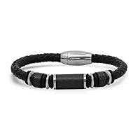 Men's black braided leather, black carbon fiber, stainless steel and rubber accents bracelet