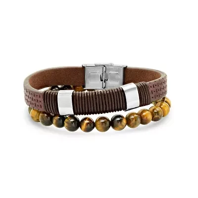 Men's brown leather, stainless steel and tiger eye beaded 2pc set bracelets