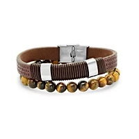 Men's brown leather, stainless steel and tiger eye beaded 2pc set bracelets