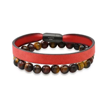 Men's 2pc set genuine tiger eye beaded bracelet and genuine red leather & black ip stainless steel bracelet