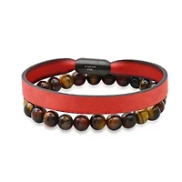Men's 2pc set genuine tiger eye beaded bracelet and genuine red leather & black ip stainless steel bracelet