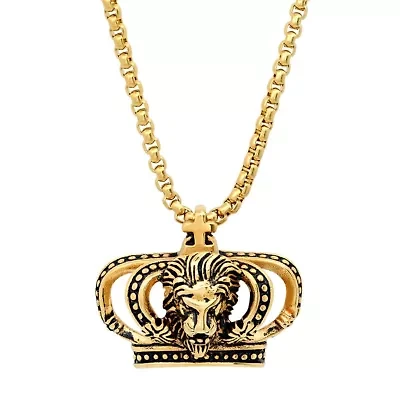 Men's 18k gold plated stainless steel lion and crown pendant
