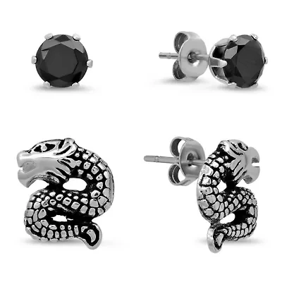 Lab Created Men's stainless steel dragon and simulated black diamonds stud earrings set
