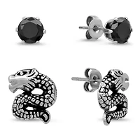 Lab Created Men's stainless steel dragon and simulated black diamonds stud earrings set