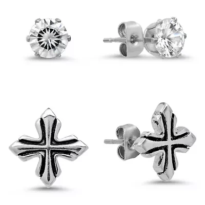 Lab Created Men's stainless steel cross and simulated diamonds stud earrings set