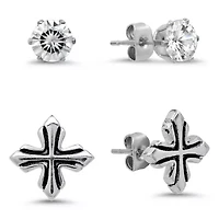 Lab Created Men's stainless steel cross and simulated diamonds stud earrings set