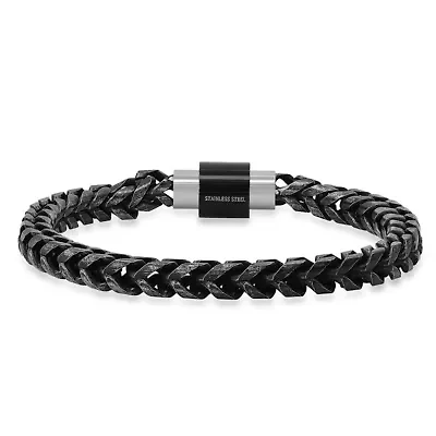 Men's oxidized stainless steel wheat chain bracelet with black ip magnetic clasp