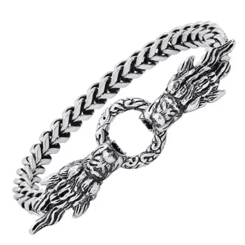 Men's stainles steel and simulated black diamonds dragon head bracelet