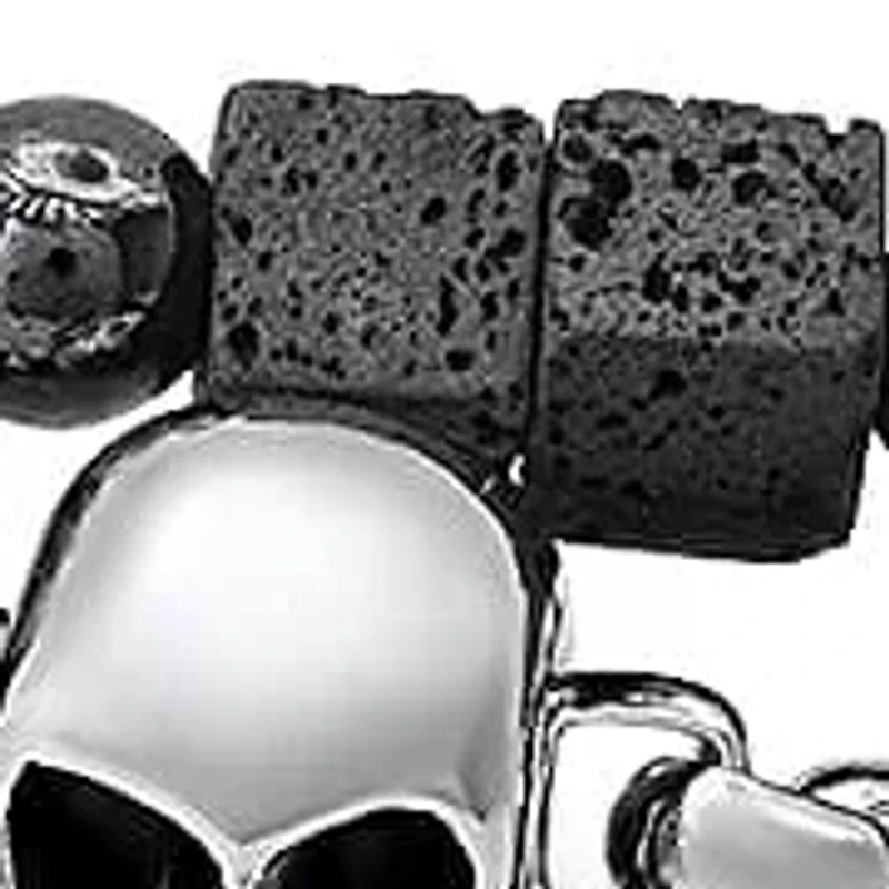 Men's 2pc set hematite/lava beaded bracelet and stainless steel round link and skull charm bracelet
