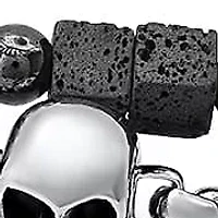 Men's 2pc set hematite/lava beaded bracelet and stainless steel round link and skull charm bracelet