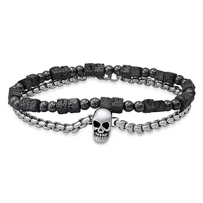 Men's 2pc set hematite/lava beaded bracelet and stainless steel round link and skull charm bracelet