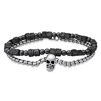 Men's 2pc set hematite/lava beaded bracelet and stainless steel round link and skull charm bracelet