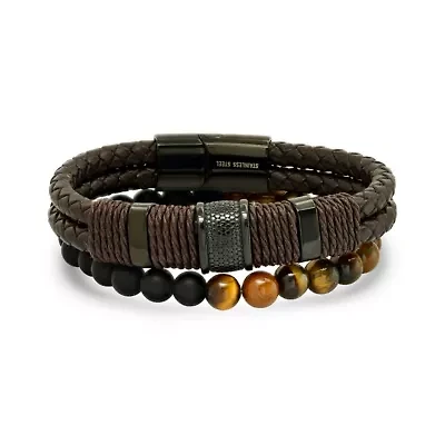 Men's braided brown leather and black ip stainless steel bracelet