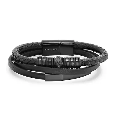 Men's black layered braided leather and black ip stainless steel Id bracelet