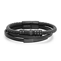 Men's black layered braided leather and black ip stainless steel Id bracelet