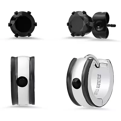 Lab Created Unisex two tone stainless steel and simulated diamonds studs/huggie 2pc earrings set