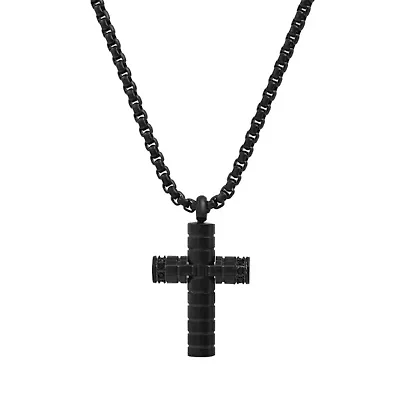 Lab Created Men's black ip stainless steel and simulated black diamond cross pendant