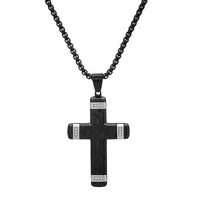 Lab Created Men's two tone black ip and stainless steel cross pendant with simulated diamonds accents