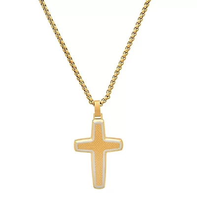 Men's two tone stainless steel & 18k gold plated tectured cross pendant