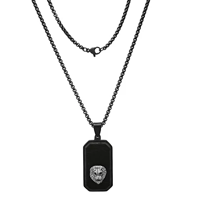 Men's two tone black ip and stainless steel lion head dog tag pendant
