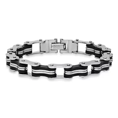 Men's stainless steel and black rubber bycicle chain bracelet