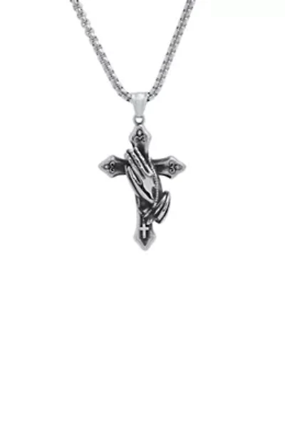 Men's stainless steel prayer hand & cross pendant