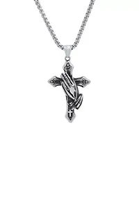 Men's stainless steel prayer hand & cross pendant