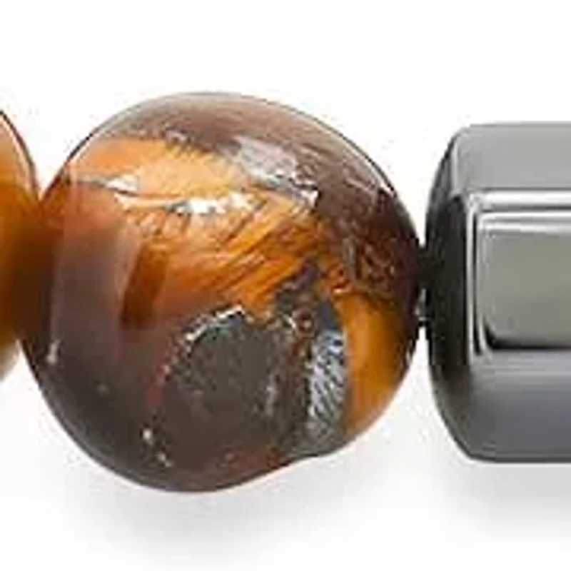 Men's red tiger eye and hematite beaded stretch bracelet
