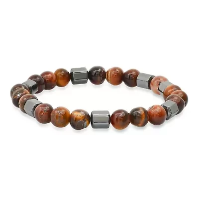 Men's red tiger eye and hematite beaded stretch bracelet