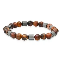 Men's red tiger eye and hematite beaded stretch bracelet