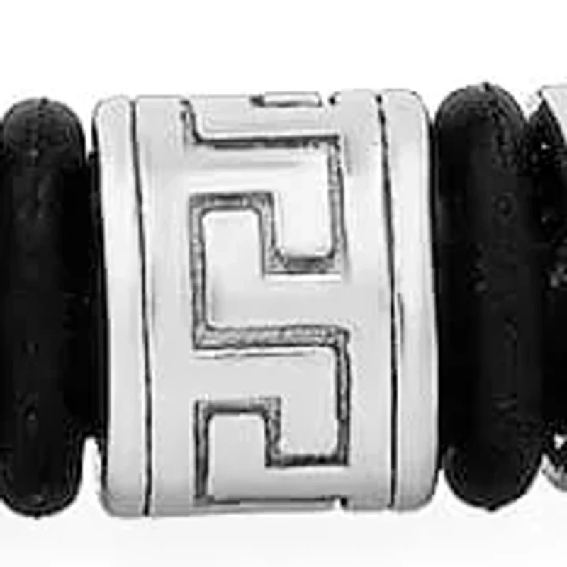 Men's braided leather and stainless steel beads bracelet with greek key accents