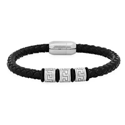 Men's braided leather and stainless steel beads bracelet with greek key accents