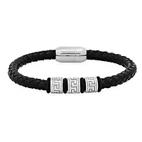 Men's braided leather and stainless steel beads bracelet with greek key accents