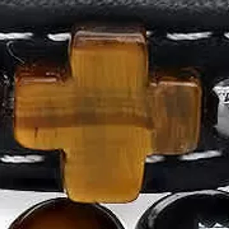 Men's 2pc set black leather, tiger eye crosses and black ip stainless steel/hematite & tiger eye beaded bracelets