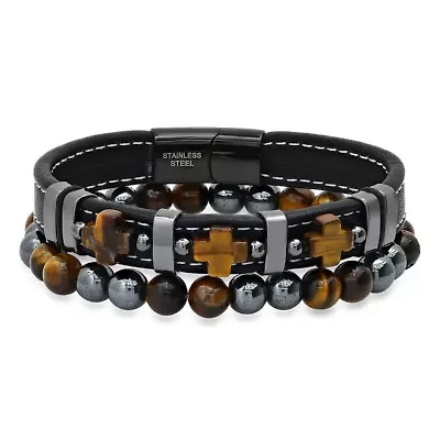 Men's 2pc set black leather, tiger eye crosses and black ip stainless steel/hematite & tiger eye beaded bracelets