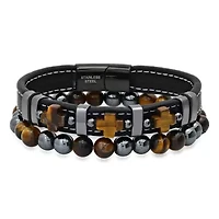 Men's 2pc set black leather, tiger eye crosses and black ip stainless steel/hematite & tiger eye beaded bracelets