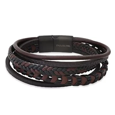 Men's black & brown braided leather and black ip stainless steel magnetic layered bracelet