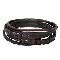 Men's black & brown braided leather and black ip stainless steel magnetic layered bracelet
