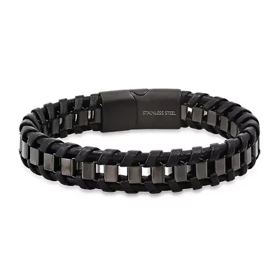 Men's black leather and black ip stainless steel box link braided bracelet
