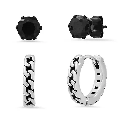 Lab Created Men's 2pc set two tone black ip stainless steel and simulated black diamonds studs/huggie earrings with cuban links accents